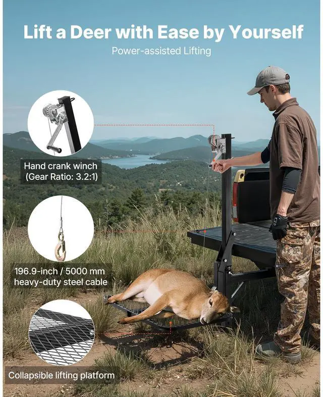 Alt view image 4 of 6 - Hitch Deer Hoist with Lifting System Platform, 300 lbs Load Capacity, Game Hoist Winch Lift with 2-inch Receiver, 360-Degree Swivel Shaft & Foldable, Hitch-Mounted Deer Hanger for Moving Game