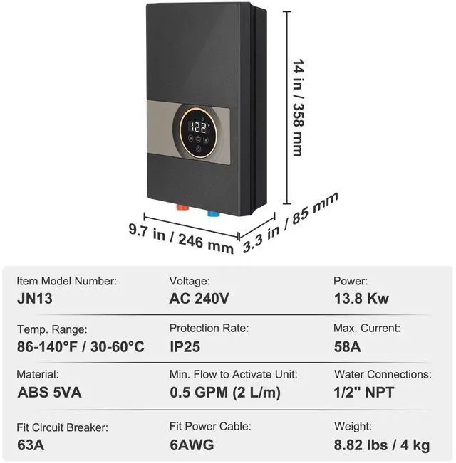 Alt view image 5 of 7 - Instant Water Heater, 13.8kw Electric Tankless Water Boiler, Digital Temperature Display & Easy Installation & 24-Hour Water Supply, For Kitchen Bathroom Shower Mall Salon Shampoo ETL Listed