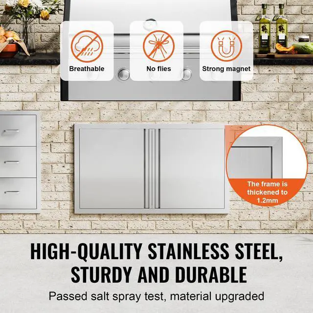 Alt view image 4 of 7 - BBQ Access Door, 36W x 21H Inch Double Outdoor Kitchen Door, Stainless Steel Flush Mount Door, Wall Vertical Door with Recessed Handles , for BBQ Island, Grilling Station, Outside Cabinet