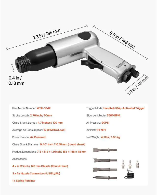 Alt view image 6 of 7 - Air Hammer 3500 BPM 12 CFM Pneumatic Hammer Air Hammer Kit with 4 Chisels