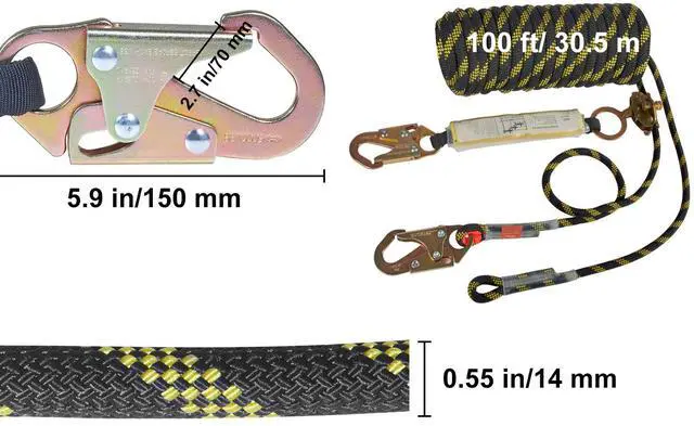 Alt view image 3 of 7 - Vertical Lifeline Assembly, 0.55'' x 100' Fall Protection Rope with 30 KN Breaking Tension, Polyester Roofing Rope with Steel Snap Hooks, Rope Grab, and Shock Absorber, ANSI Compliant