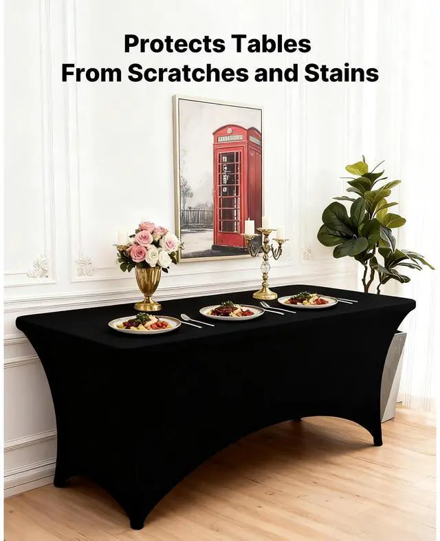 Alt view image 6 of 7 - 6 Pack Table Cloth for 8FT Rectangular Fitted Events, Wrinkle-Resistant Stretch Black Table Covers, Washable Spandex Tablecloth Protector, for Party, Wedding, Cocktail, Banquet, Festival
