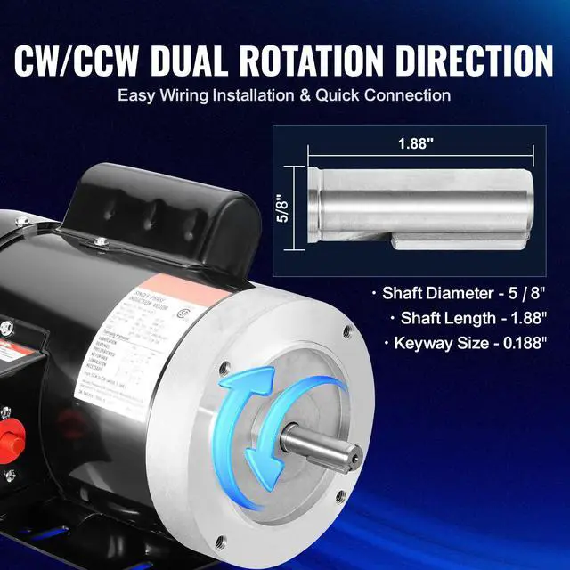 Alt view image 4 of 7 - 1HP Electric Motor 1725 rpm, AC 115V/230V, 56C Frame, Air Compressor Motor Single Phase, 5/8" Keyed Shaft, CW/CCW Rotation for Agricultural Machinery and General Equipment