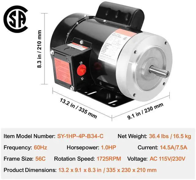 Alt view image 5 of 7 - 1HP Electric Motor 1725 rpm, AC 115V/230V, 56C Frame, Air Compressor Motor Single Phase, 5/8" Keyed Shaft, CW/CCW Rotation for Agricultural Machinery and General Equipment