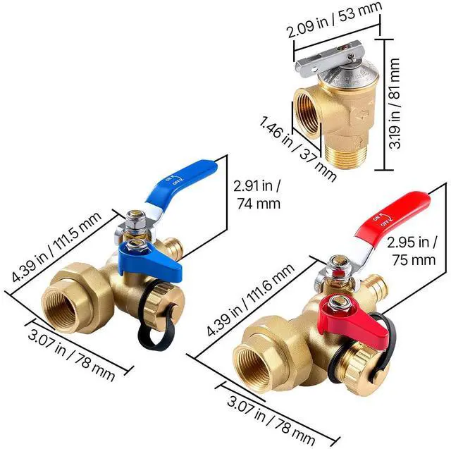 Alt view image 3 of 7 - Water Heater Kit, 3/4 Inch Tankless Water Heater Service Valve Kit with 2PCS 3/4 NPT to 3/4 PEX-B Isolation Valves, Pressure Relief Valve, Lead-Free Brass, Fits Most Tankless Waters Heaters