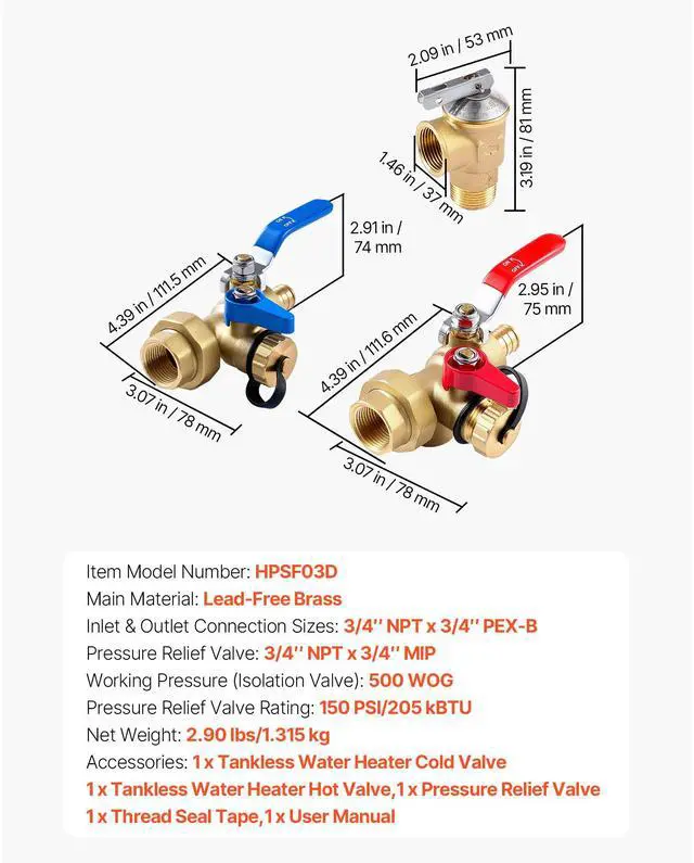 Alt view image 2 of 7 - Water Heater Kit, 3/4 Inch Tankless Water Heater Service Valve Kit with 2PCS 3/4 NPT to 3/4 PEX-B Isolation Valves, Pressure Relief Valve, Lead-Free Brass, Fits Most Tankless Waters Heaters