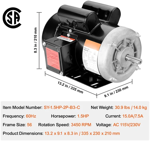 Alt view image 5 of 7 - 1.5HP Electric Motor 3450 rpm, AC 115V/230V, 56 Frame, Air Compressor Motor Single Phase, 5/8" Keyed Shaft, CW/CCW Rotation for Agricultural Machinery and General Equipment