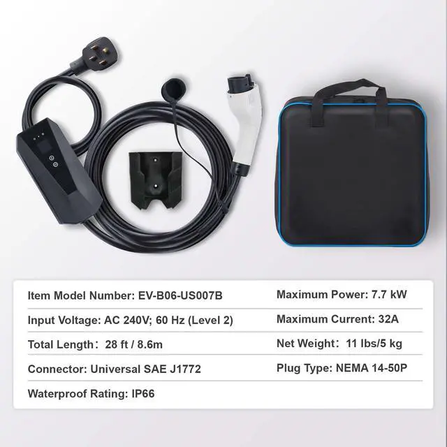 Alt view image 5 of 6 - Level 2 Portable EV Charger, 32 Amp 240V, Electric Vehicle Charger with 28 ft Charging Cable NEMA 14-50P Plug, 16/20/24/32A Adjustable Current Plug-in Home EV Charging Station for SAE J1772 EVs
