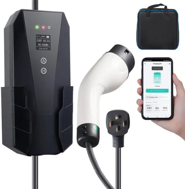 Alt view image 6 of 6 - Level 2 Portable EV Charger, 32 Amp 240V, Electric Vehicle Charger with 28 ft Charging Cable NEMA 14-50P Plug, 16/20/24/32A Adjustable Current Plug-in Home EV Charging Station for SAE J1772 EVs