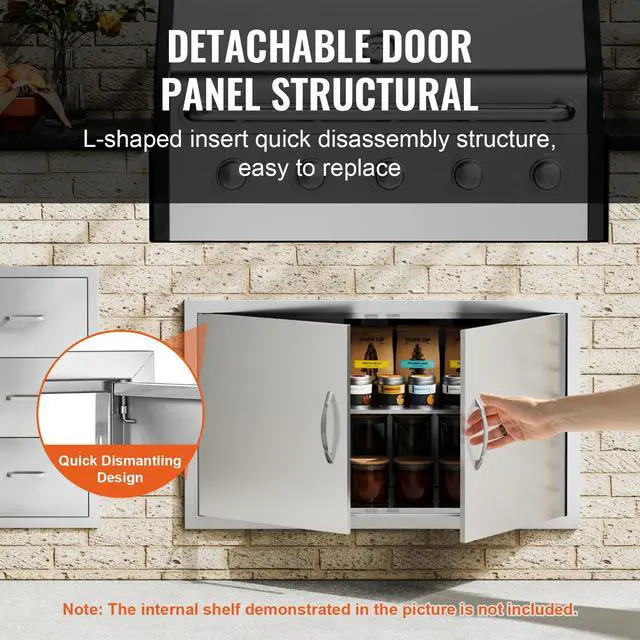 Alt view image 7 of 7 - BBQ Access Door, 36W x 21H Inch Double Outdoor Kitchen Door, Stainless Steel Flush Mount Door, Wall Vertical Door with Handles, for BBQ Island, Grilling Station, Outside Cabinet
