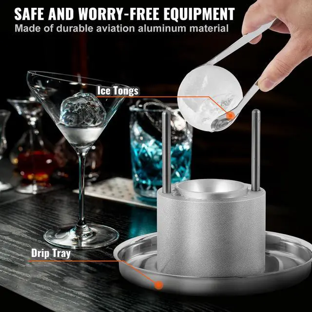Main image of Ice Ball Press, 2.4" Ice Ball Maker, Aircraft Al Alloy Ice Ball Press Kit for 60mm Ice Sphere, Ice Press with Tong and Drip Tray, for Whiskey, Cocktail, Bourbon, Scot on Party & Holiday, Silver
