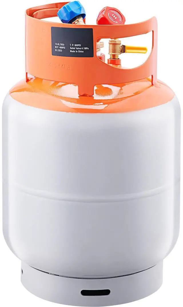 Alt view image 3 of 7 - Refrigerant Recovery Tank, 50 LBS Capacity, 400 psi Portable Cylinder Tank with Y-Valve for Liquid/Vapor, High-sealing Recovery Can for R22/R134A/R410A, Orange+Gray