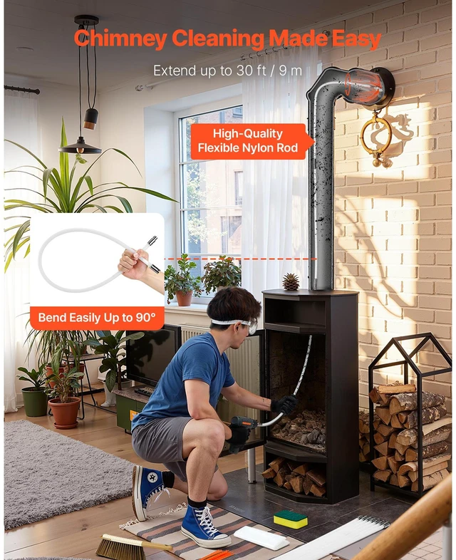 Alt view image 2 of 7 - Chimney Sweep Kit, 33 ft Maximum Extendable Length Chimney Brush, Chimneys Cleaning Kit with Bristle Replacements & Goggles, 90° Bendable Fireplace Cleaning Tool, for Square, Rectangle Chimneys
