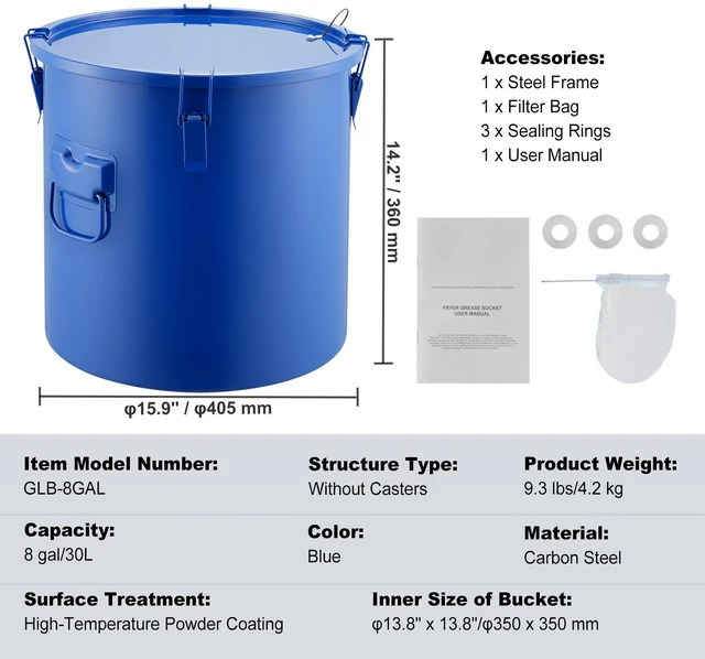 Alt view image 2 of 7 - Fryer Grease Bucket, 8 Gal Oil Disposal Caddy Carbon Steel Fryer Oil Bucket with Rust-Proof Coating, Oil Transport Container with Lid, Lock Clips, Filter Bag for Hot Cooking Oil Filtering, Blue