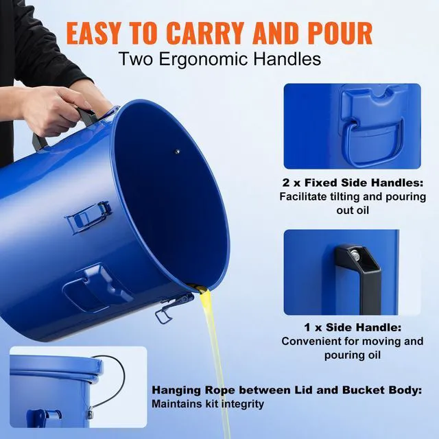 Alt view image 5 of 7 - Fryer Grease Bucket, 8 Gal Oil Disposal Caddy Carbon Steel Fryer Oil Bucket with Rust-Proof Coating, Oil Transport Container with Lid, Lock Clips, Filter Bag for Hot Cooking Oil Filtering, Blue