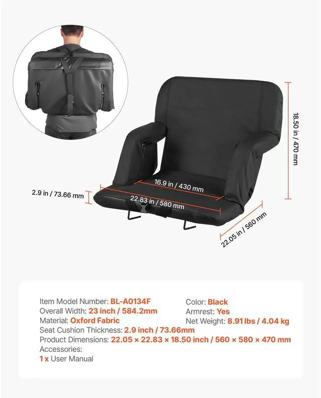 Alt view image 5 of 6 - Stadium Seat, 6 Adjustable Angle Bleacher Chair, 2.9'' Cushion Stadium Seat with Back Support and Armrest, Wide Bleacher Chair with Hook Pocket Cupholder for Picnics, Beach Sports, and Gaming