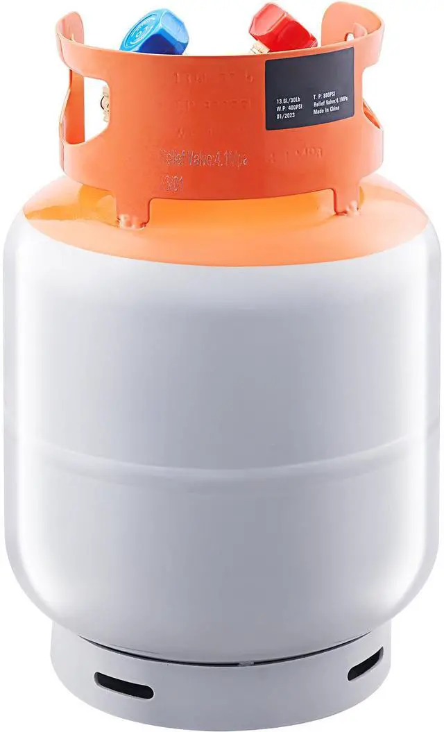 Alt view image 4 of 7 - Refrigerant Recovery Tank, 50 LBS Capacity, 400 psi Portable Cylinder Tank with Y-Valve for Liquid/Vapor, High-sealing Recovery Can for R22/R134A/R410A, Orange+Gray