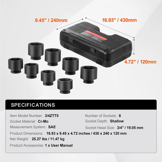 Alt view image 4 of 7 - Axle Nut Impact Socket Set 3/4" Drive 6-Point 8PCS SAE Spindle Nut Socket