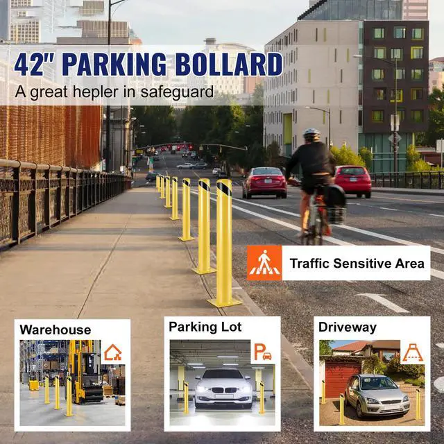 Alt view image 5 of 7 - Safety Bollard, 42 Inch Height Bollard Post, 4.5 Inch Diameter Steel Pipe Safety Bollard Post, Yellow Steel Bollard, Steel Safety Bollard with 8 Anchor Bolts, Perfect for Traffic-Sensitive Area