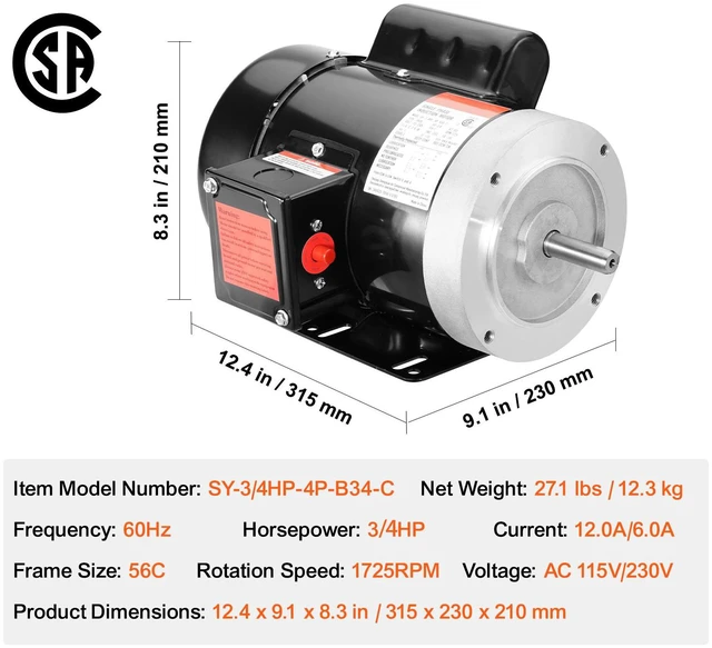Alt view image 4 of 7 - 0.75HP Electric Motor 1725 rpm, AC 115V/230V, 56C Frame, Air Compressor Motor Single Phase, 5/8" Keyed Shaft, CW/CCW Rotation for Agricultural Machinery and General Equipment