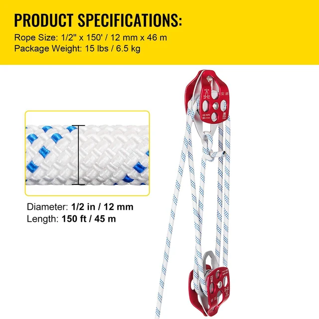 Alt view image 5 of 7 - Twin Sheave Block and Tackle 1/2" x 150Ft Twin Sheave Block with Braid Rope 30-35KN 6600-7705LBS Double Pulley Rigging