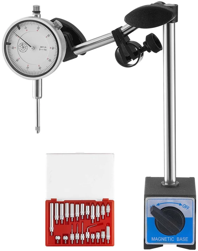 Main image of Dial Test Indicator with Dual Rod Stand and Storage Case, 0.001 inch Accuracy, 0-1 inch Range, Fine Adjustable Long Arm, Non-Magnetic Centering Rods for Machine Set-Up, Narrow Area Measurement