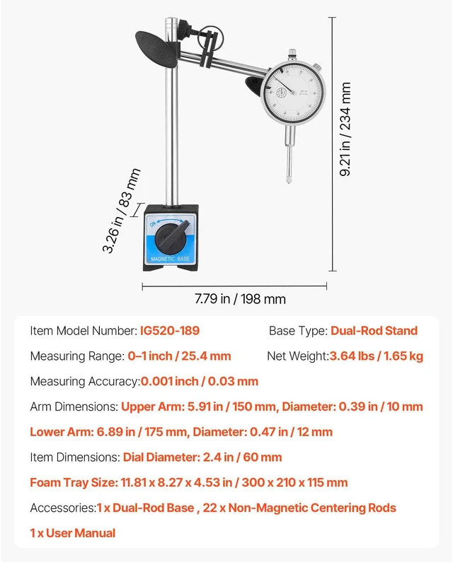 Alt view image 4 of 7 - Dial Test Indicator with Dual Rod Stand and Storage Case, 0.001 inch Accuracy, 0-1 inch Range, Fine Adjustable Long Arm, Non-Magnetic Centering Rods for Machine Set-Up, Narrow Area Measurement