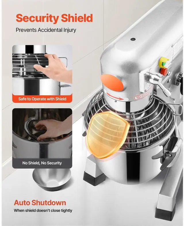 Alt view image 7 of 7 - Commercial Food Mixer 15Qt 600W 3 Speeds Adjustable 110/178/390 RPM Heavy Duty 110V with Stainless Steel Bowl Dough Hooks Whisk Beater Premium for Schools Bakeries Restaurants Pizzerias