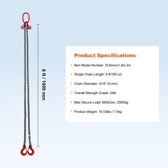 Alt view image 7 of 7 - 5/16" x 6' Chain Sling 2 Legs G80 Lifting Chain with Grab Hooks 6600 lbs