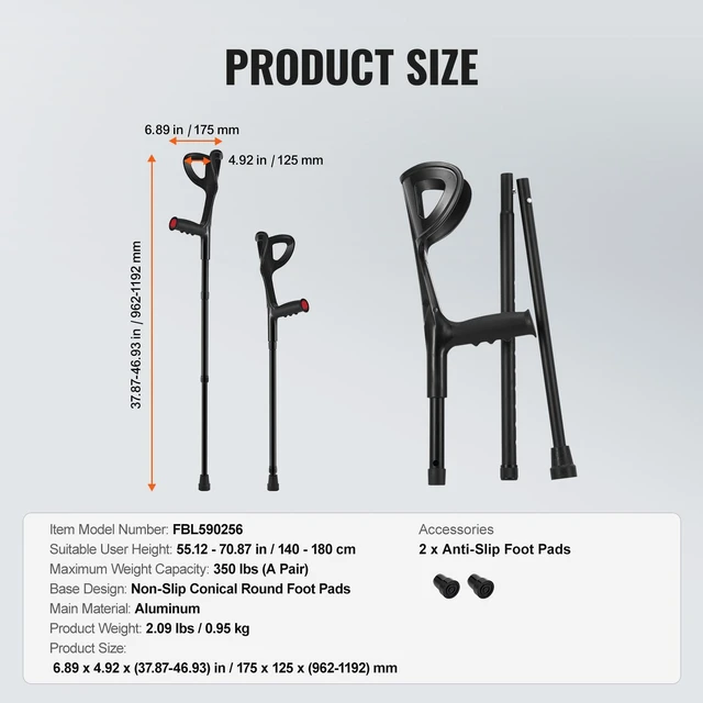 Alt view image 2 of 7 - Forearm Crutches 10-Level Height Adjustable Walking Crutches 1 Pair 350LBS