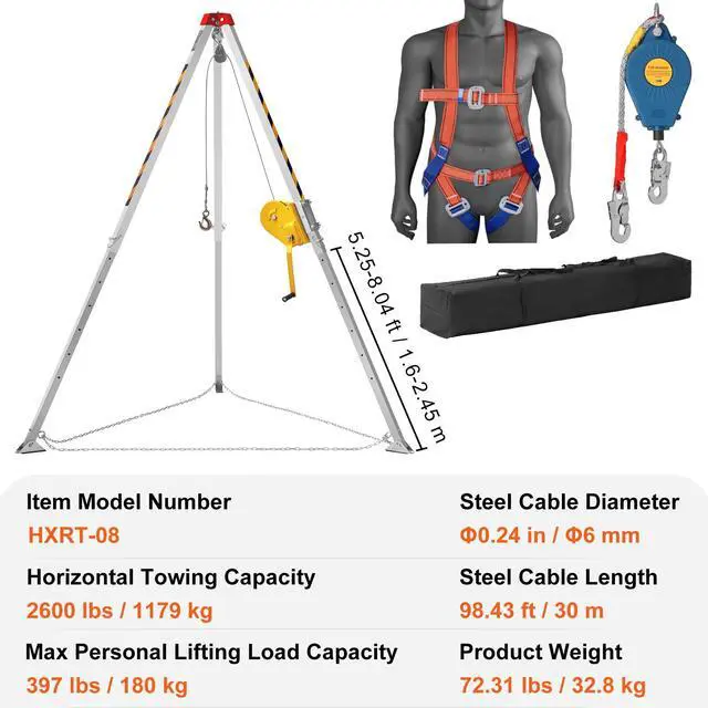 Alt view image 6 of 7 - Confined Space Tripod Kit, Confined Space Tripod 8' Legs and 98' Cable, Confined Space Rescue Tripod 32.8' Fall Protection, 2600 lbs Winch, Harness, Storage Bag