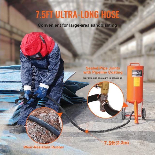 Alt view image 6 of 7 - 10 Gallon Heavy-Duty Sand Blaster, 60-110 PSI High Pressure Sandblaster, Portable Abrasive Blasting Tank, Air Sand Blasting Kit with 2 Ceramic Nozzles & 7.5ft Hose for Stain, Rust, Paint Removal