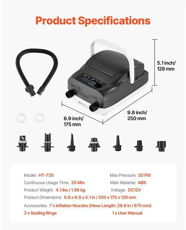 Alt view image 7 of 7 - Paddle Board Pump 20PSI Electric SUP Air Pump with Auto-Off for Inflatable Boats