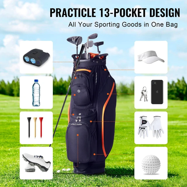 Alt view image 5 of 7 - Golf Cart Bag with 14 Way Organizer Divider Top, 36 13 Pockets Premium Cart Bag, Durable Golf Bags with Handles & Dust Cover & Detachable Straps for Men & Women, Black & Orange