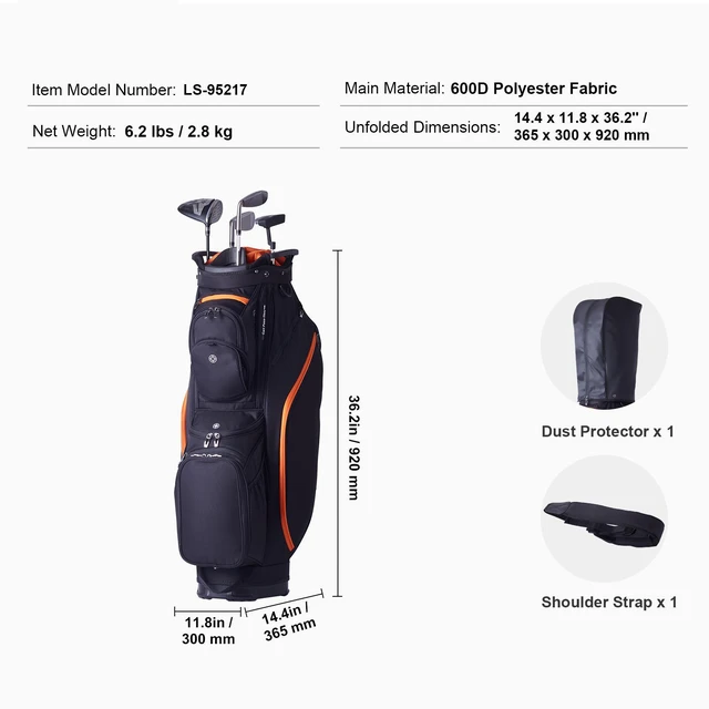 Alt view image 6 of 7 - Golf Cart Bag with 14 Way Organizer Divider Top, 36 13 Pockets Premium Cart Bag, Durable Golf Bags with Handles & Dust Cover & Detachable Straps for Men & Women, Black & Orange