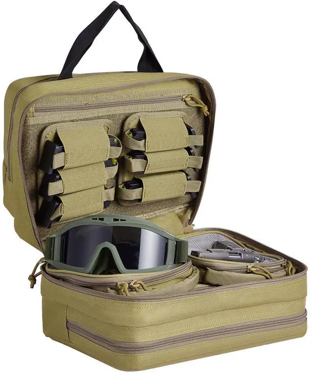 Main image of Range Bag for 2 Pistols, Tactical Gun Bag with 2 Built-in Removable Pistol Bags & 6 Detachable Magazines, Gun Range Bag for Outdoor Hunting Shooting, Lockable Carrying Handgun Bag Case, Brown