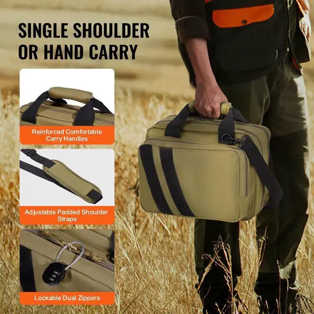 Alt view image 2 of 7 - Range Bag for 2 Pistols, Tactical Gun Bag with 2 Built-in Removable Pistol Bags & 6 Detachable Magazines, Gun Range Bag for Outdoor Hunting Shooting, Lockable Carrying Handgun Bag Case, Brown