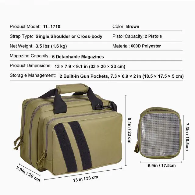 Alt view image 5 of 7 - Range Bag for 2 Pistols, Tactical Gun Bag with 2 Built-in Removable Pistol Bags & 6 Detachable Magazines, Gun Range Bag for Outdoor Hunting Shooting, Lockable Carrying Handgun Bag Case, Brown