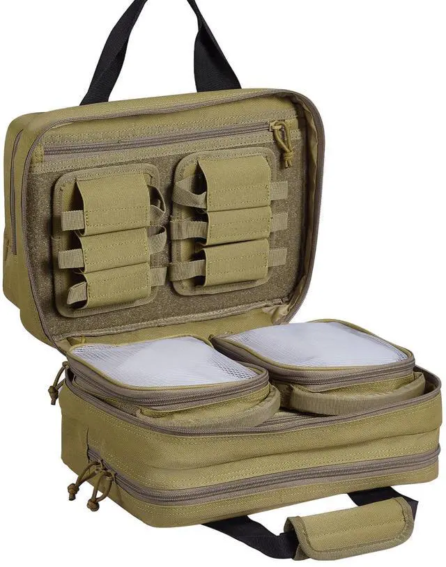 Alt view image 4 of 7 - Range Bag for 2 Pistols, Tactical Gun Bag with 2 Built-in Removable Pistol Bags & 6 Detachable Magazines, Gun Range Bag for Outdoor Hunting Shooting, Lockable Carrying Handgun Bag Case, Brown