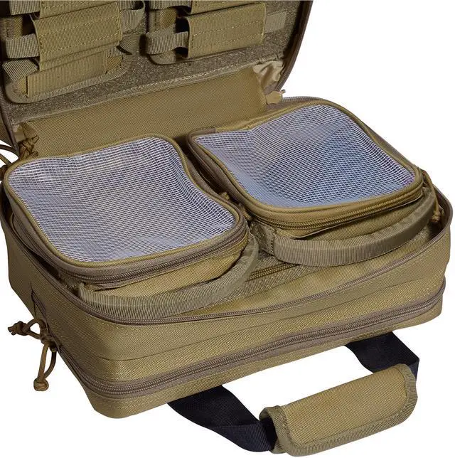 Alt view image 7 of 7 - Range Bag for 2 Pistols, Tactical Gun Bag with 2 Built-in Removable Pistol Bags & 6 Detachable Magazines, Gun Range Bag for Outdoor Hunting Shooting, Lockable Carrying Handgun Bag Case, Brown