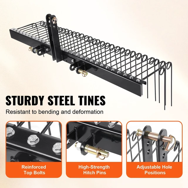 Alt view image 2 of 7 - Tow Behind Landscape Rake, 72" Tow Dethatcher with 32 Steel Tines, Lawn Dethatcher Rake Attaches to Category 1, 3 Point Hitch for Tractor, for Leaves, Pine Needles, Straw, and Grass