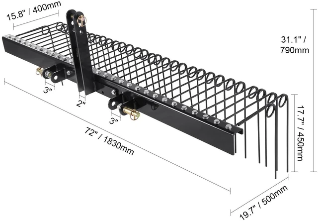 Alt view image 6 of 7 - Tow Behind Landscape Rake, 72" Tow Dethatcher with 32 Steel Tines, Lawn Dethatcher Rake Attaches to Category 1, 3 Point Hitch for Tractor, for Leaves, Pine Needles, Straw, and Grass