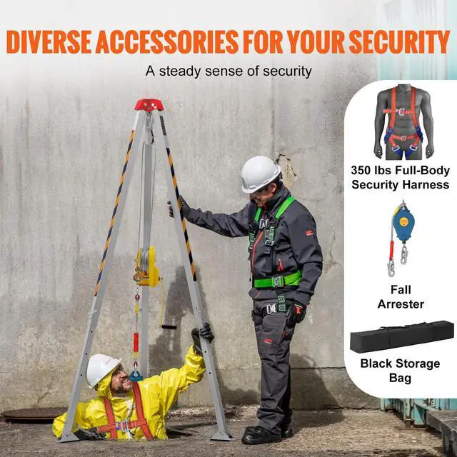 Alt view image 5 of 7 - Confined Space Tripod Kit, Confined Space Tripod 8' Legs and 98' Cable, Confined Space Rescue Tripod 32.8' Fall Protection, 2600 lbs Winch, Harness, Storage Bag