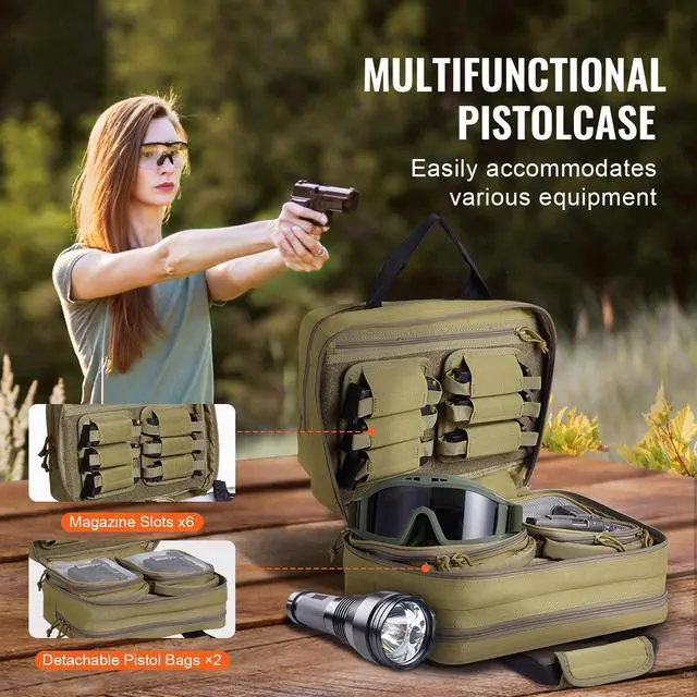 Alt view image 3 of 7 - Range Bag for 2 Pistols, Tactical Gun Bag with 2 Built-in Removable Pistol Bags & 6 Detachable Magazines, Gun Range Bag for Outdoor Hunting Shooting, Lockable Carrying Handgun Bag Case, Brown