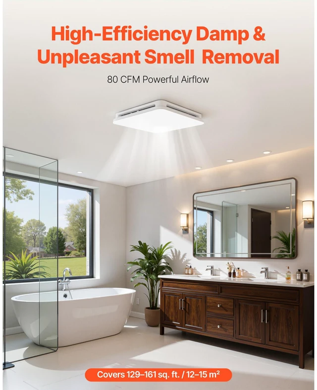Alt view image 3 of 7 - Bathroom Exhaust Fan with LED Light, 80 CFM 4000K Bathroom Vent, 1.5 Sones Low-Noise, Premium Motor Ceiling Fan for Laundry Room, Storage Room, Home Ventilation, White
