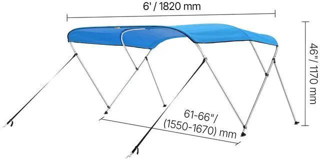 Alt view image 4 of 7 - 3 Bow Boat Bimini Tops 6'Lx(61"-66")W x 46"H Awning Canopy Pacific Blue