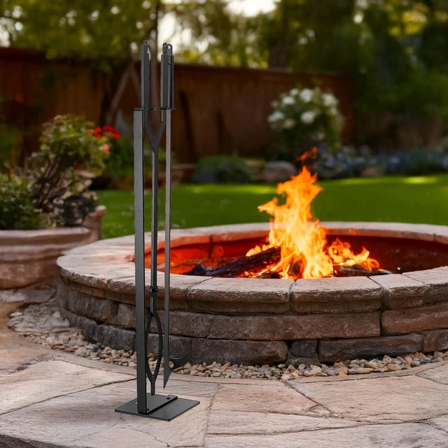 Alt view image 2 of 7 - Fireplace Tool Set, 3 PCS Fire Tool Set and Holder with Stand, Tongs, Fire Place Poker, Wrought Iron Fireplace Accessories for Campfire Backyard Bonfire Indoor/Outdoor, Black