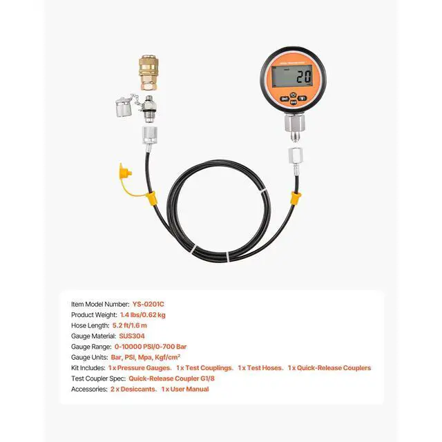 Alt view image 3 of 7 - Digital Hydraulic Pressure Test Coupling Kit, 10000 PSI Pressure Gauge Manometer Tester with 1 Gauge, 1 Test Coupling, 1 Quick-Release Coupler, and 1 Hose for Excavator Construction Machinery