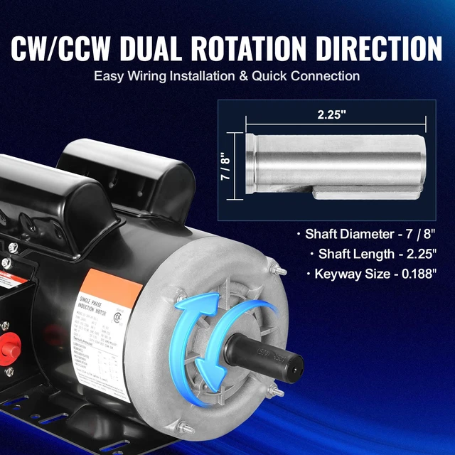 Alt view image 2 of 7 - 2HP Electric Motor 1725 rpm, AC 115V/230V, 143/5T Frame, Air Compressor Motor Single Phase, 7/8" Keyed Shaft, CW/CCW Rotation for Agricultural Machinery and General Equipment