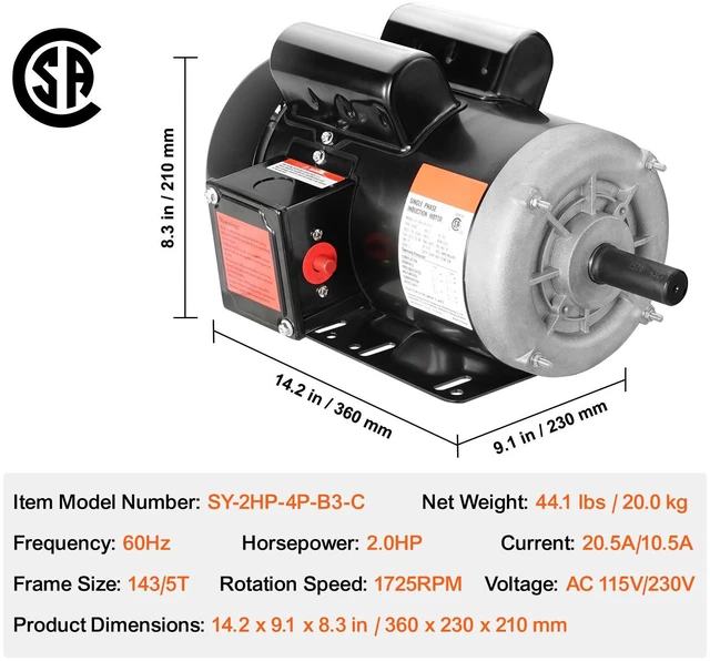 Alt view image 3 of 7 - 2HP Electric Motor 1725 rpm, AC 115V/230V, 143/5T Frame, Air Compressor Motor Single Phase, 7/8" Keyed Shaft, CW/CCW Rotation for Agricultural Machinery and General Equipment